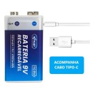 Bateria 9v Recarregável 500mah Com Cabo Tipo-c 